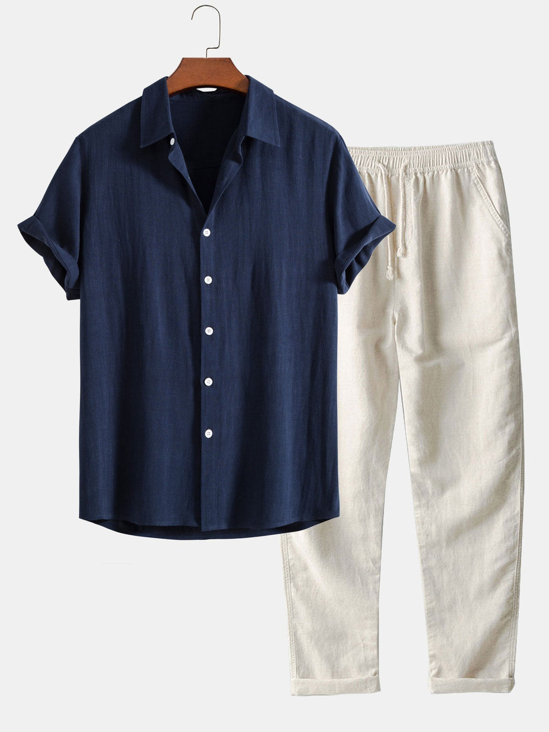 Men's Button-Down Shirt and Pants Set with Elastic Waist, Summer Two-Piece Outfit