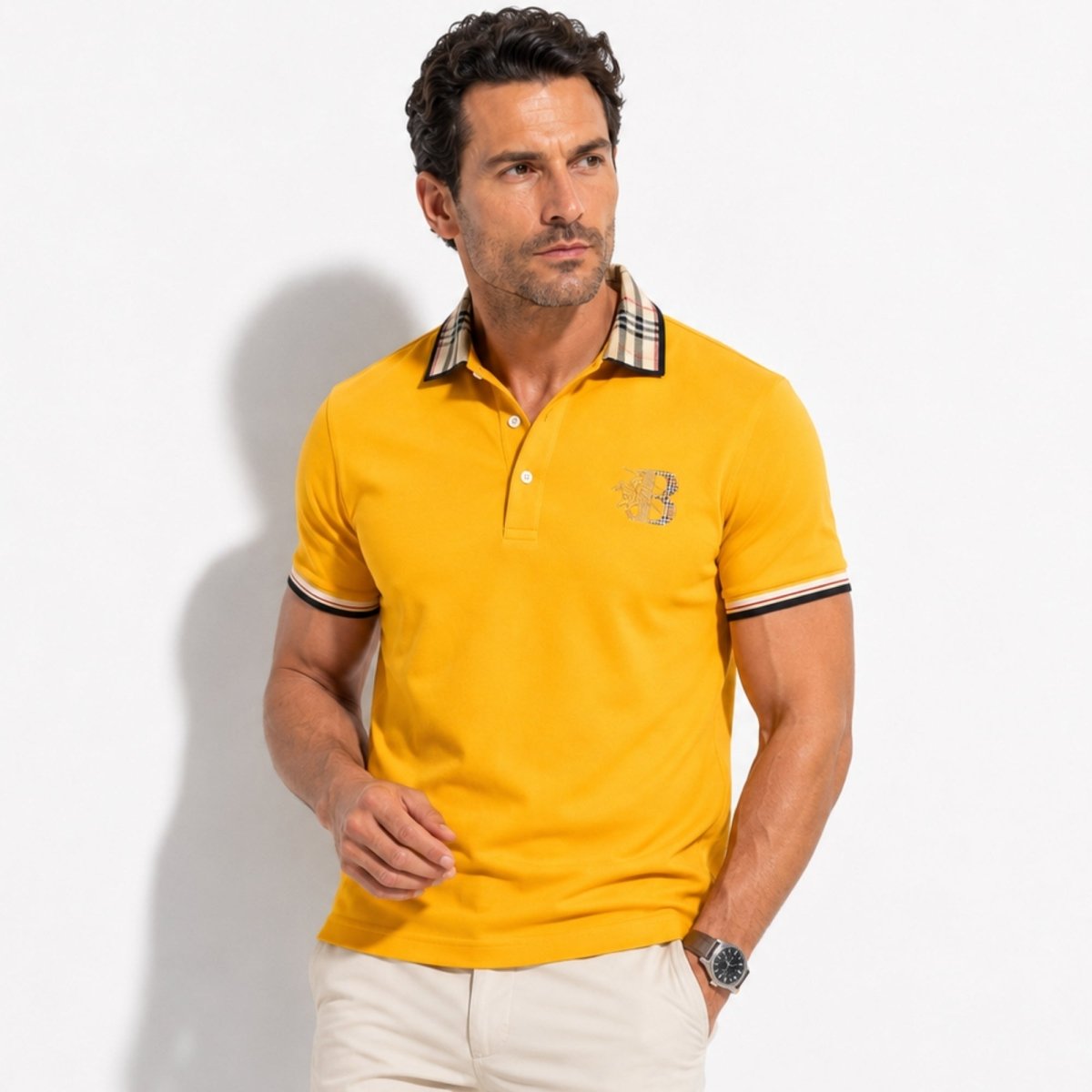 Men's Elegant Polo Shirt with Check Collar, Smart Casual Short Sleeve Polo