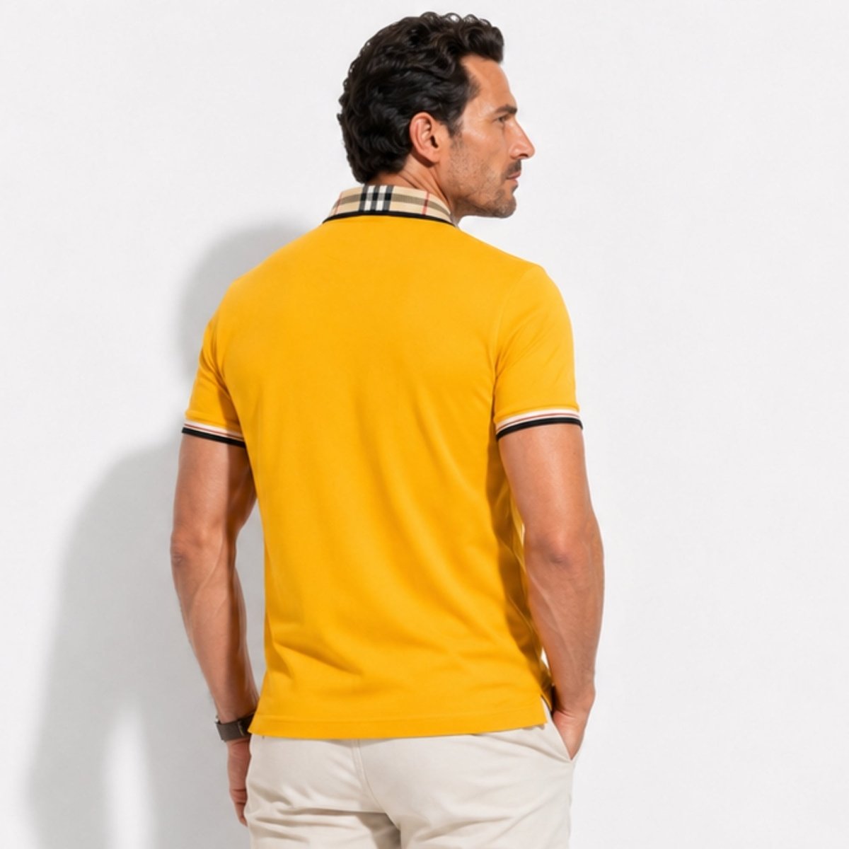 Men's Elegant Polo Shirt with Check Collar, Smart Casual Short Sleeve Polo