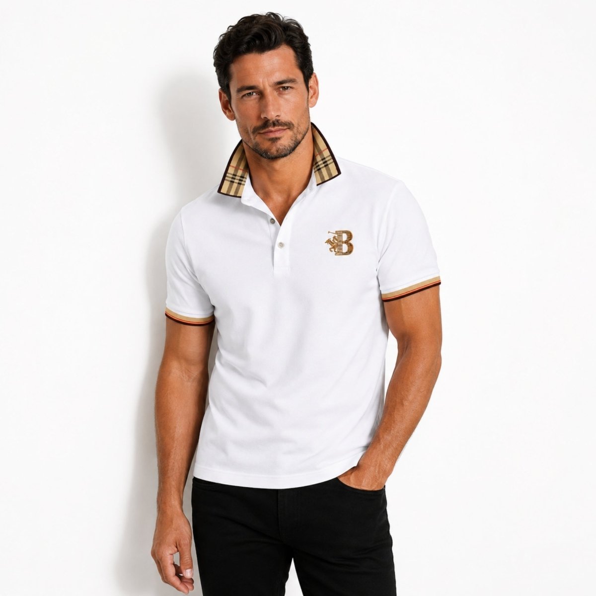 Men's Elegant Polo Shirt with Check Collar, Smart Casual Short Sleeve Polo