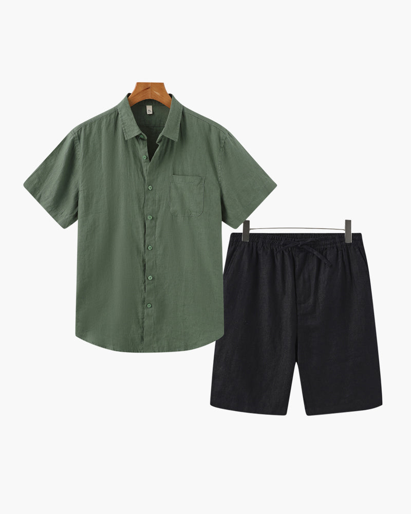 Men's Button-Down Shirt and Shorts Set with Elastic Waist, Summer Two-Piece Outfit