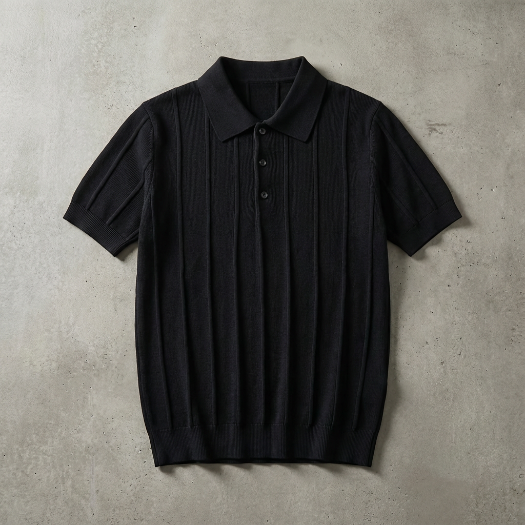 Men's Ribbed Knit Polo, Cotton-Wool Blend Pullover Silhouette