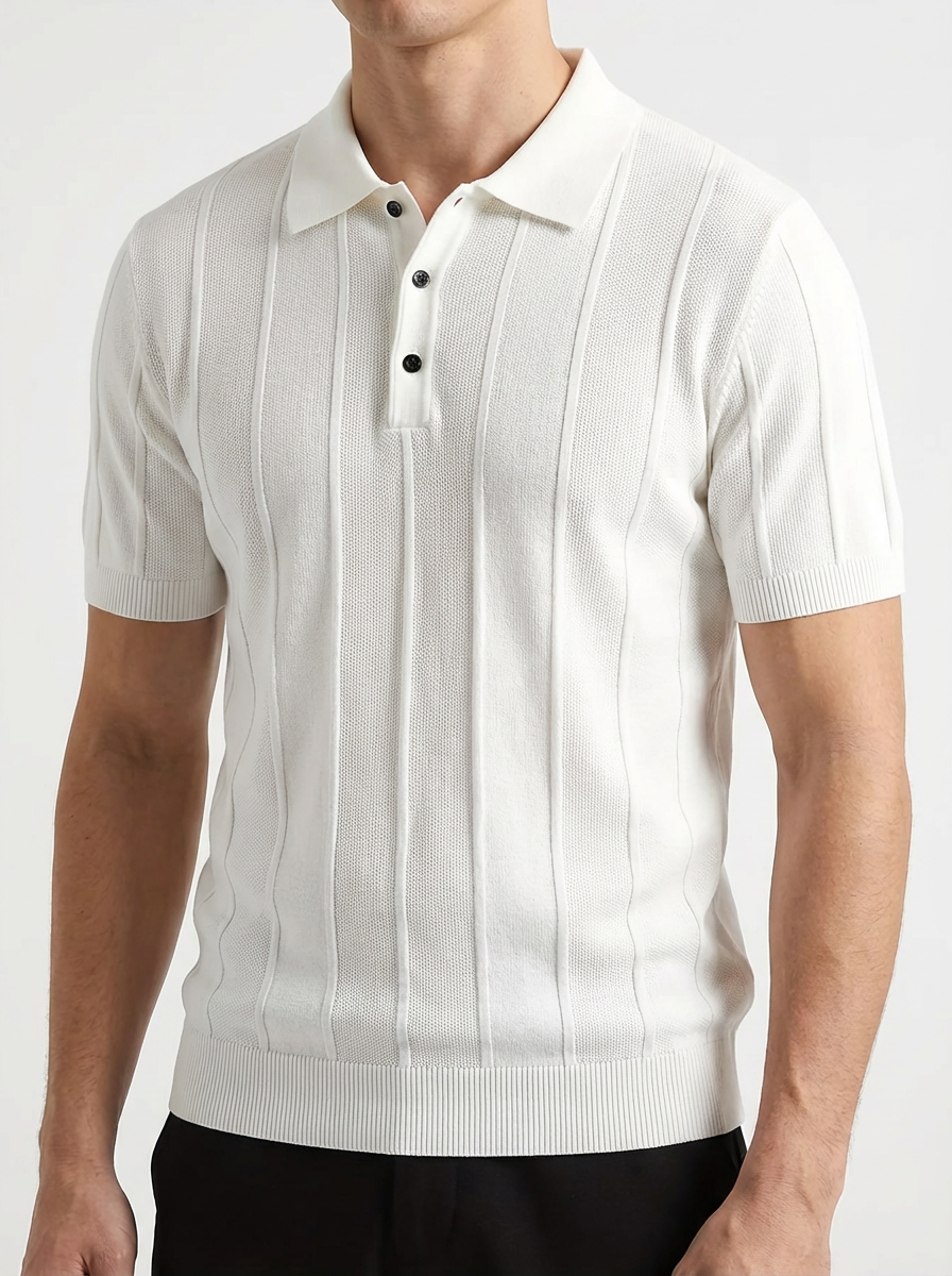 Velluto Ribbed Knit Polo for Men - Cotton-Wool Button-Down Collar