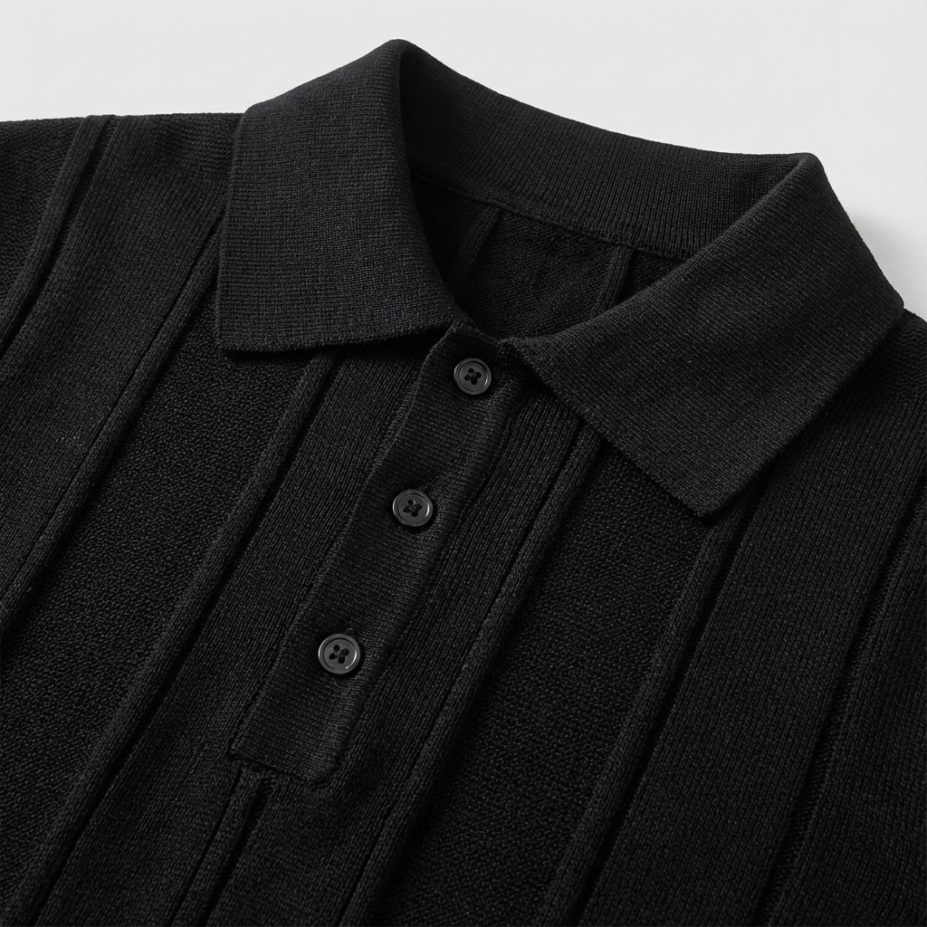 Men's Ribbed Knit Polo, Cotton-Wool Blend Pullover Silhouette