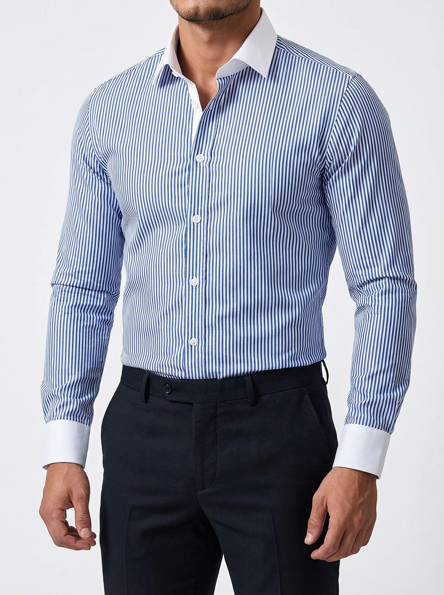 Men's Striped Knit Shirt, Premium Blend Contrasting Collar Detail