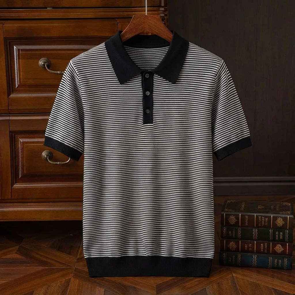 Serafina Cotton Knit Polo for Men - Slim Fit Striped Detailing