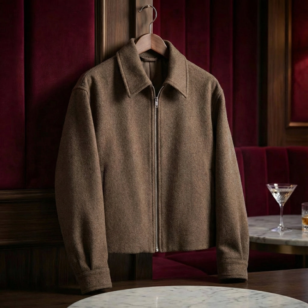 Men's Italian Wool Moto Jacket, Tailored Fit with Zipper Closure