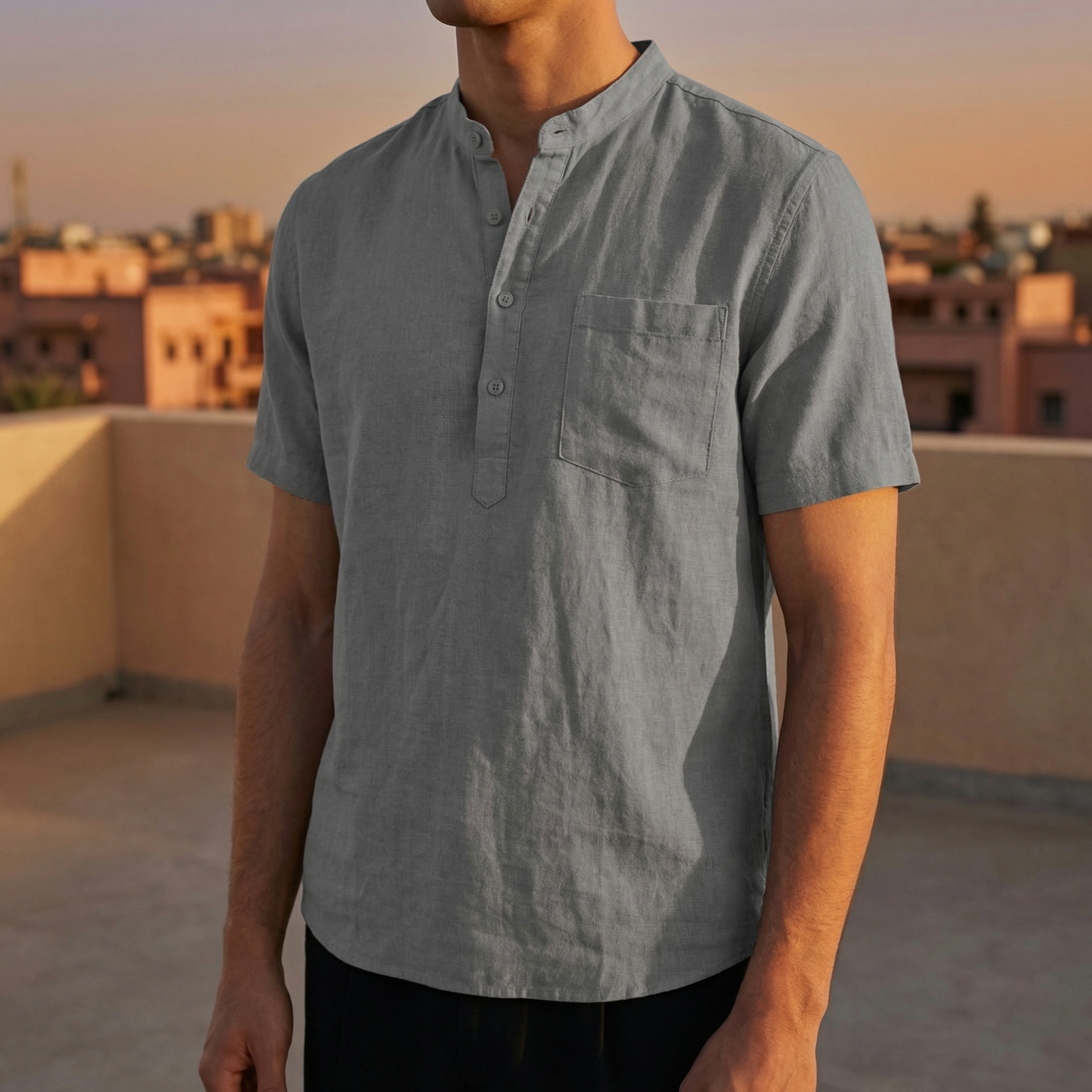 Men's Cotton Linen Henley Shirt, Short Sleeve with Chest Pocket