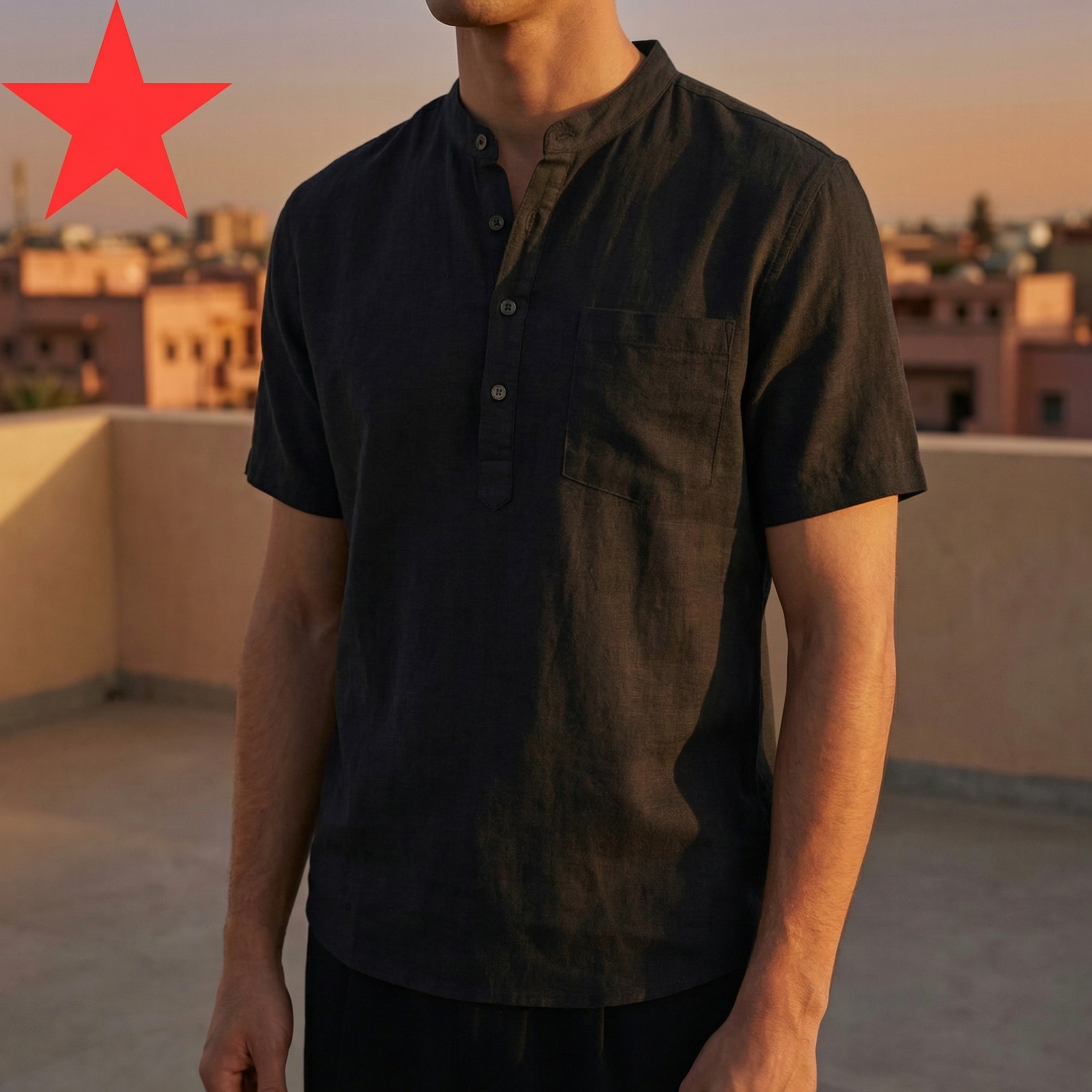 Men's Cotton Linen Henley Shirt, Short Sleeve with Chest Pocket