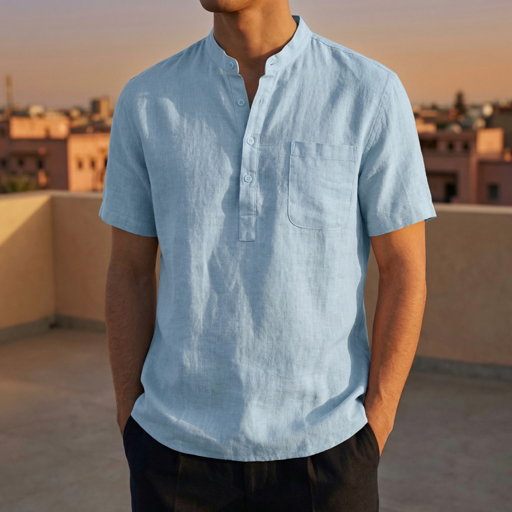 Men's Cotton Linen Henley Shirt, Short Sleeve with Chest Pocket