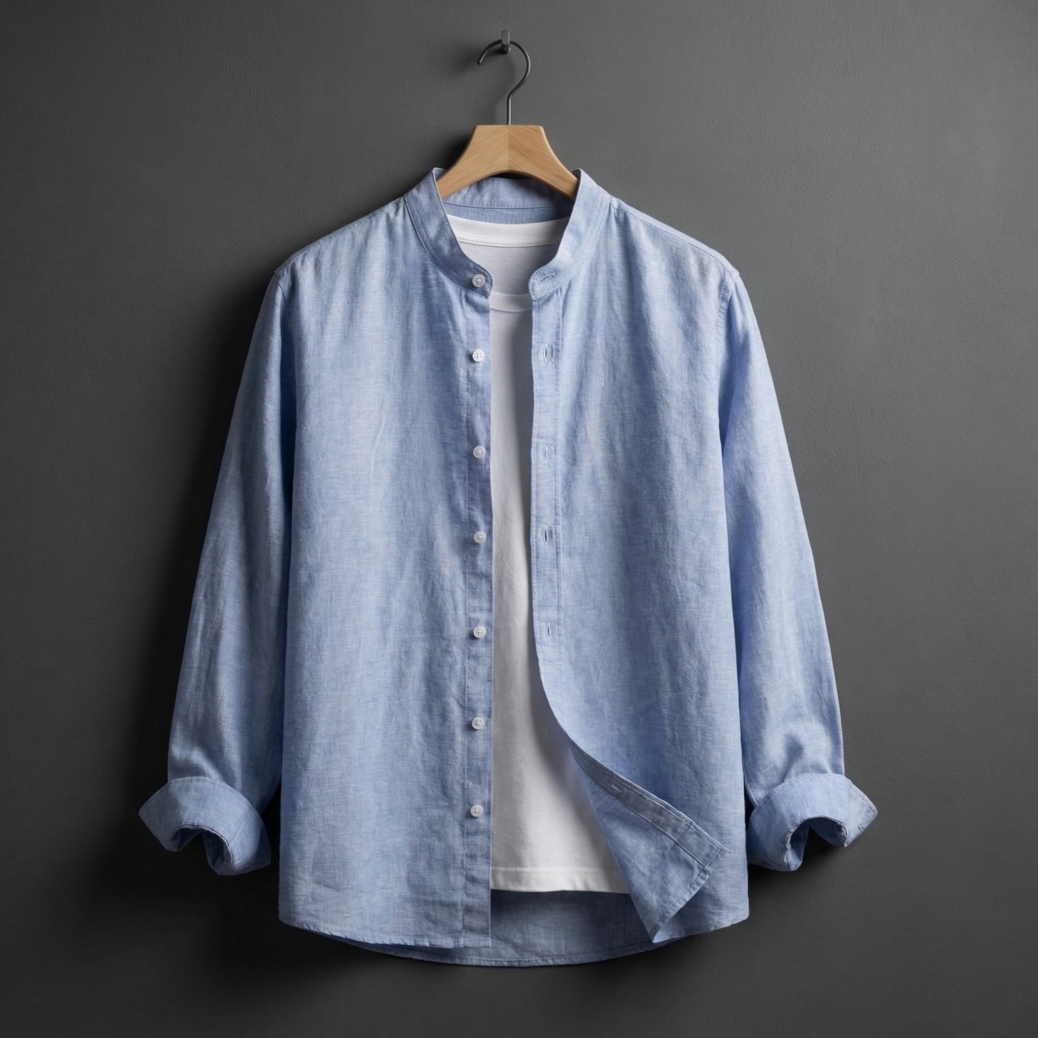 Siena Vintage Linen Shirt for Men, Stand Collar Long-Sleeve Casual Shirt