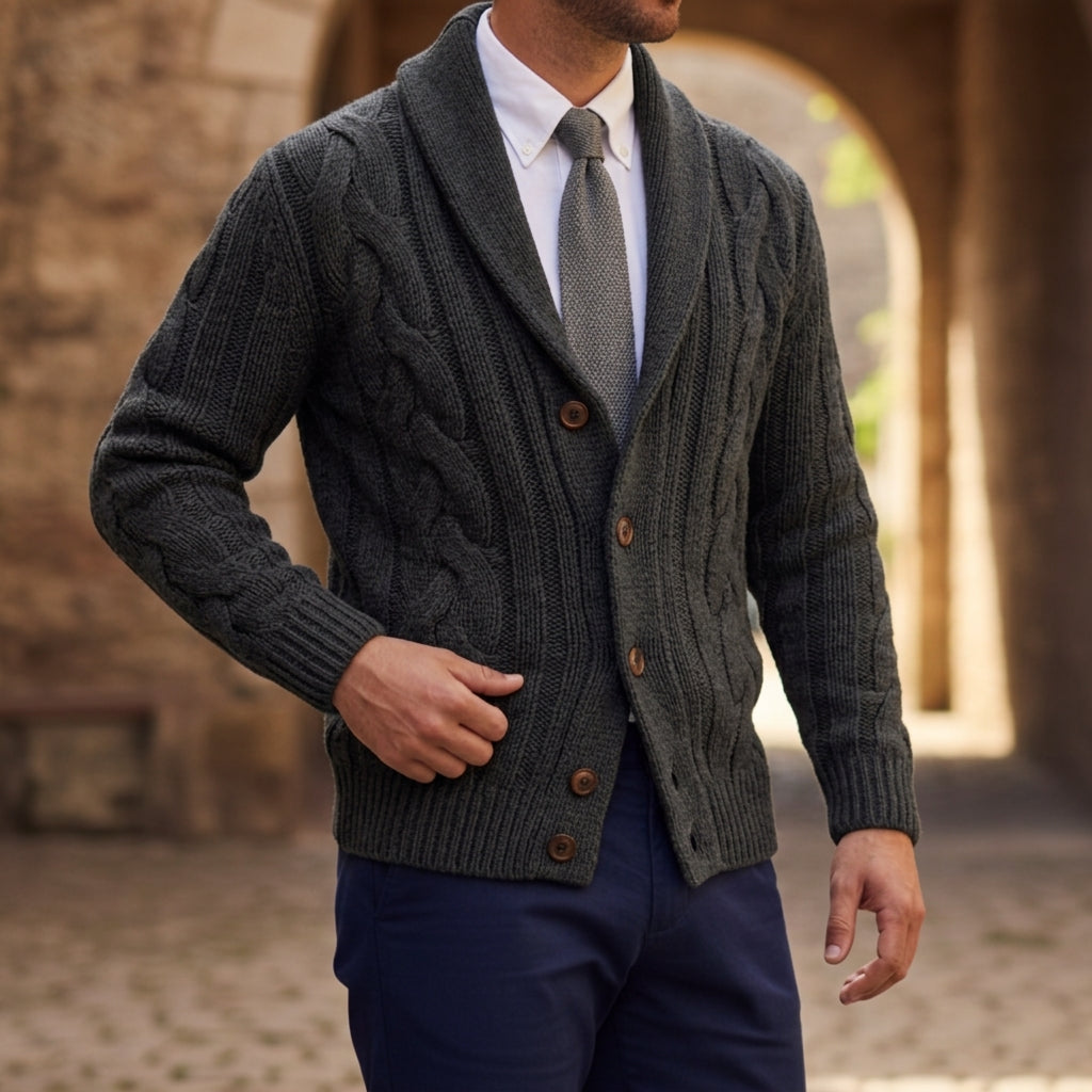 Orion Men's Shawl Collar Cardigan - Knitted Cotton Blend Sweater