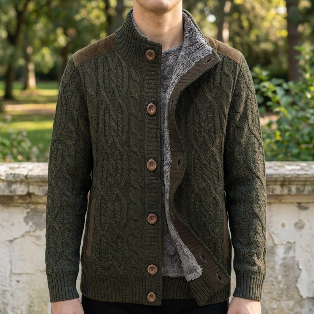 Cassiel Cable-Knit Cardigan for Men - Fleece-Lined Ribbed Collar Sweater