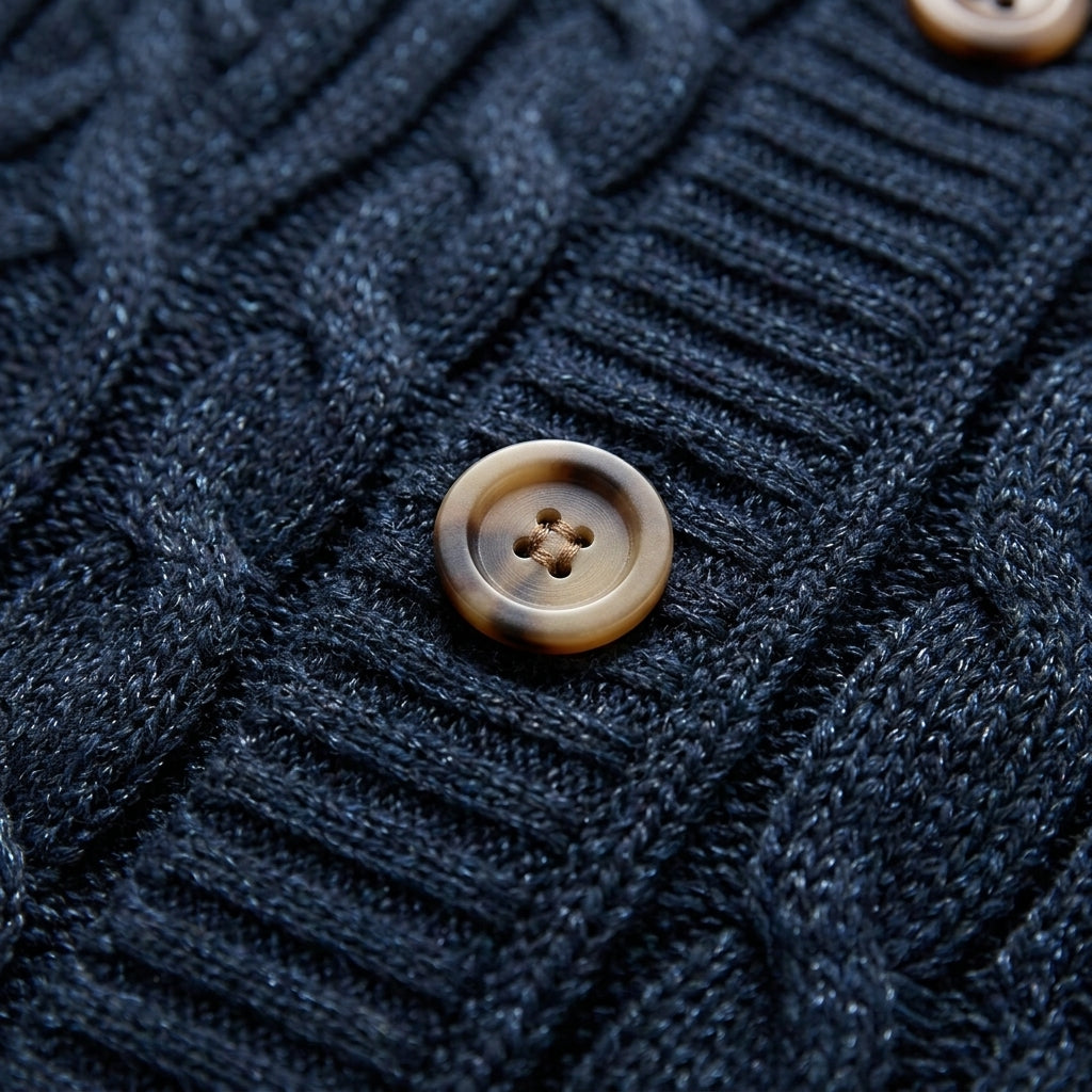 Cassiel Cable-Knit Cardigan for Men - Fleece-Lined Ribbed Collar Sweater