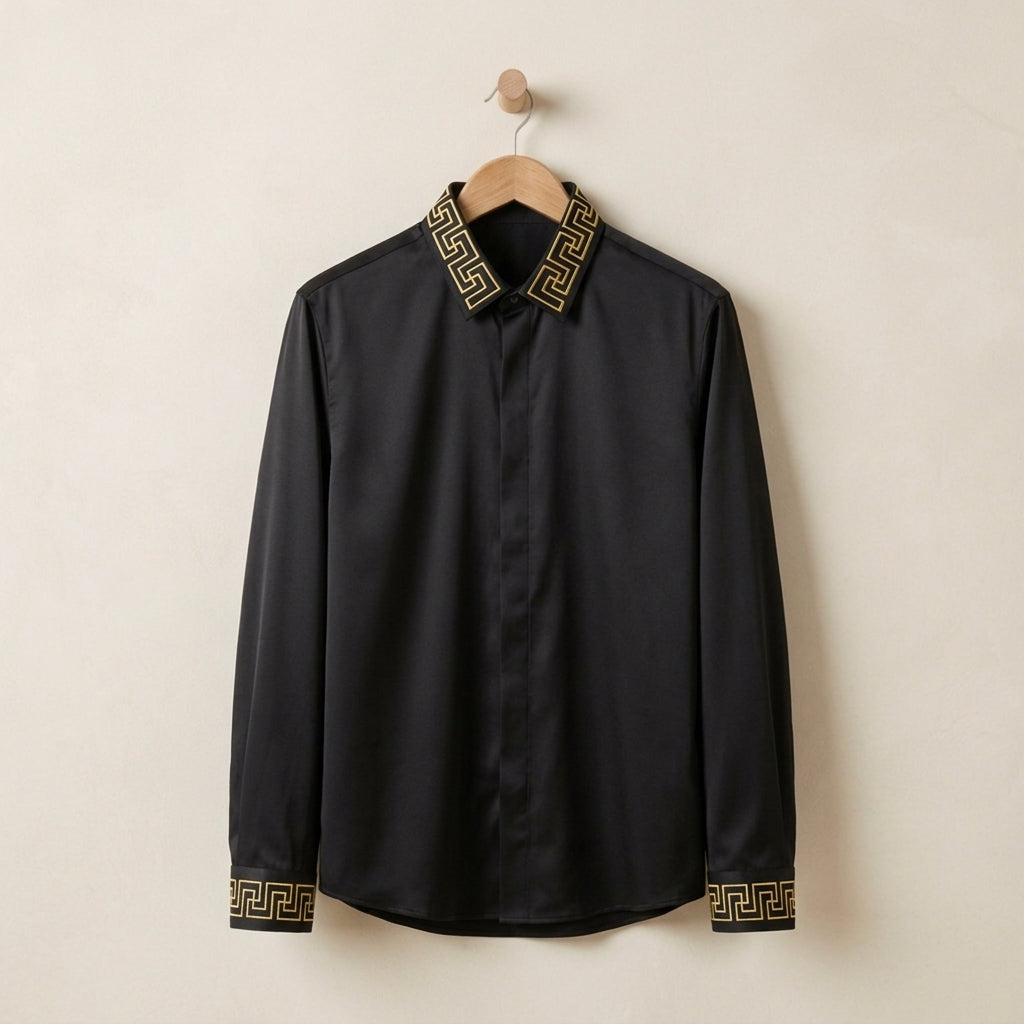 Embroidered Collar Long Sleeve Shirt for Men - Cotton-Blend Button-Up Top
