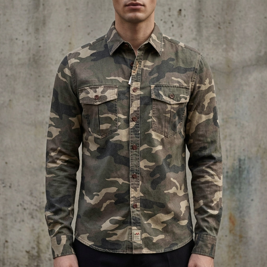 Salento Cargo Shirt for Men - Cotton Twill Camo Print Button-Up