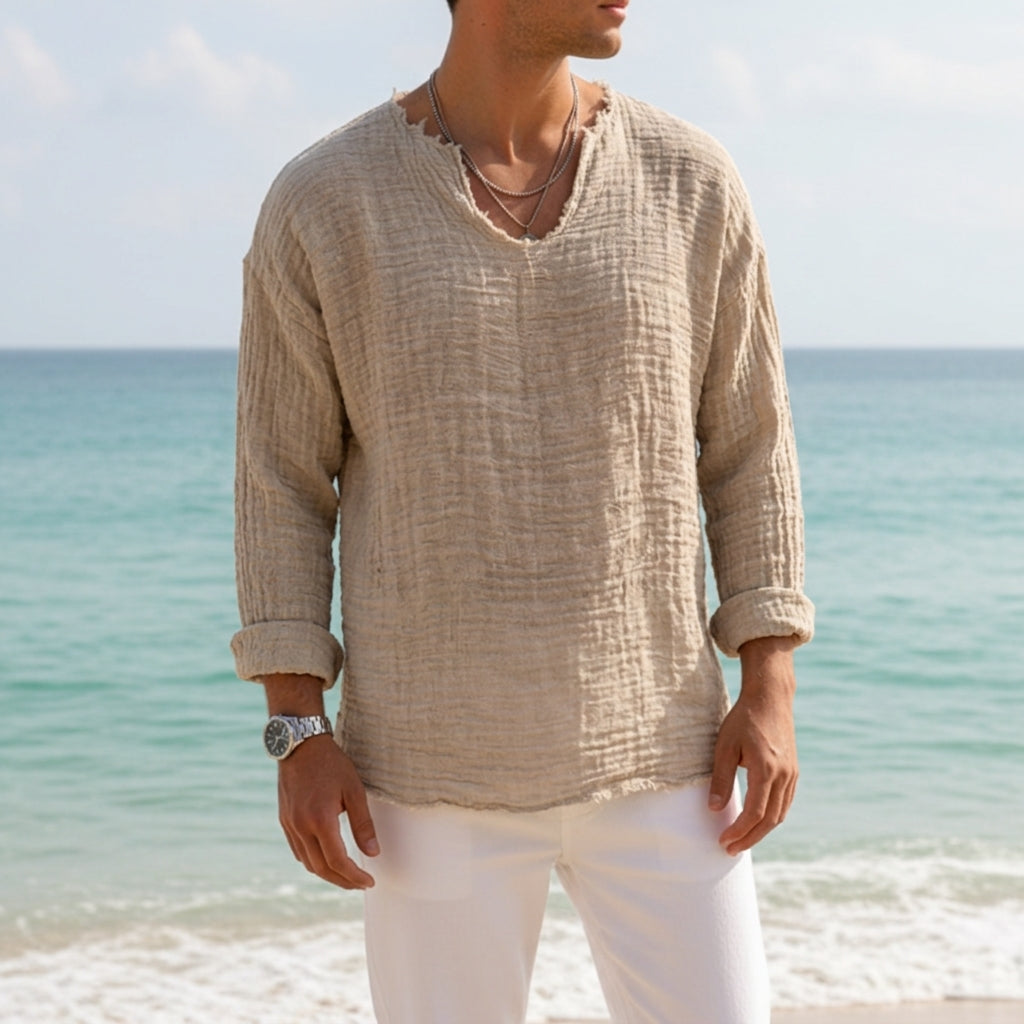 Capri Linen V-Neck Shirt - Breathable Linen-Cotton Blend for Men