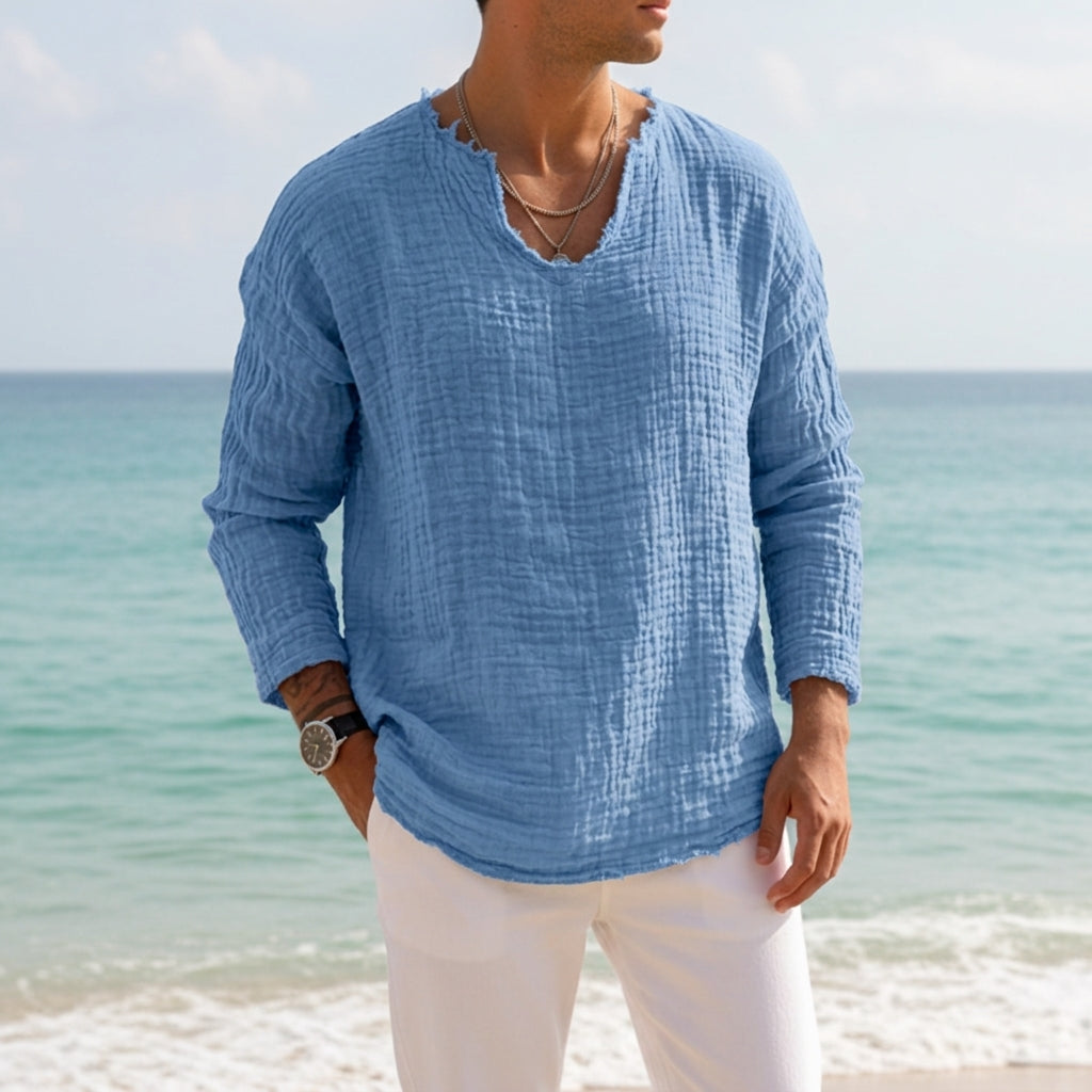 Capri Linen V-Neck Shirt - Breathable Linen-Cotton Blend for Men