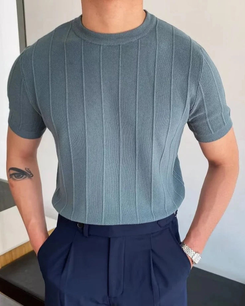 Men's Ribbed Short Sleeve T-Shirt, Casual Crew Neck Tee