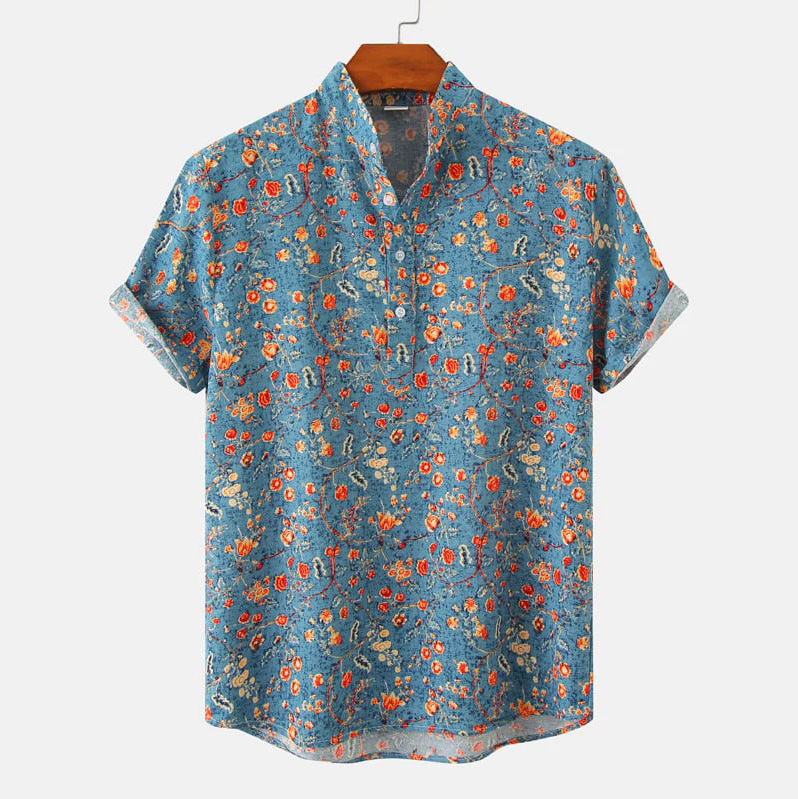 Men's Short Sleeve Print Shirt | Stand-Up Collar Button-Up
