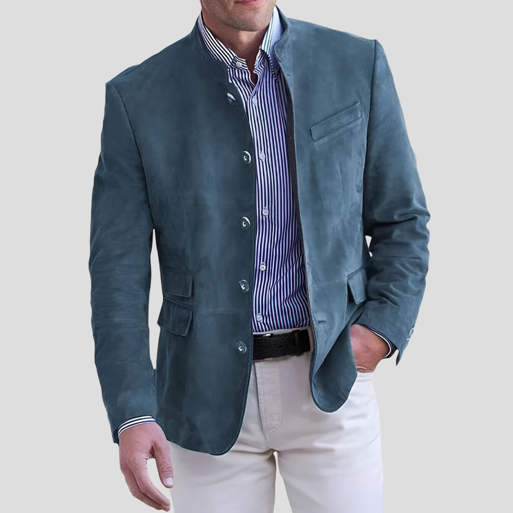 Men's Button-Up Jacket with Stand Collar and Multiple Pockets