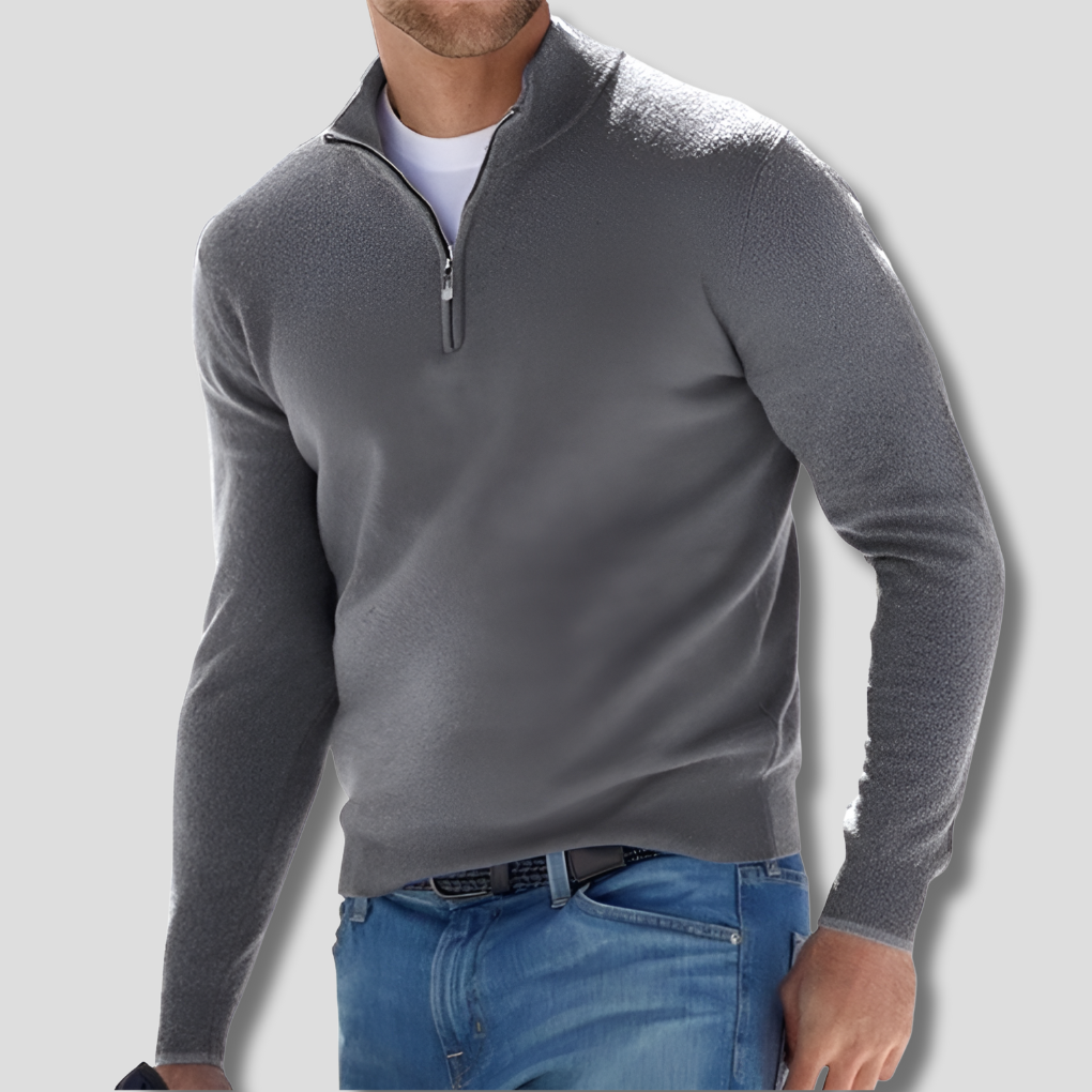 Men's Cotton Knit Pullover, Zipper Collar Sweater for Casual Wear