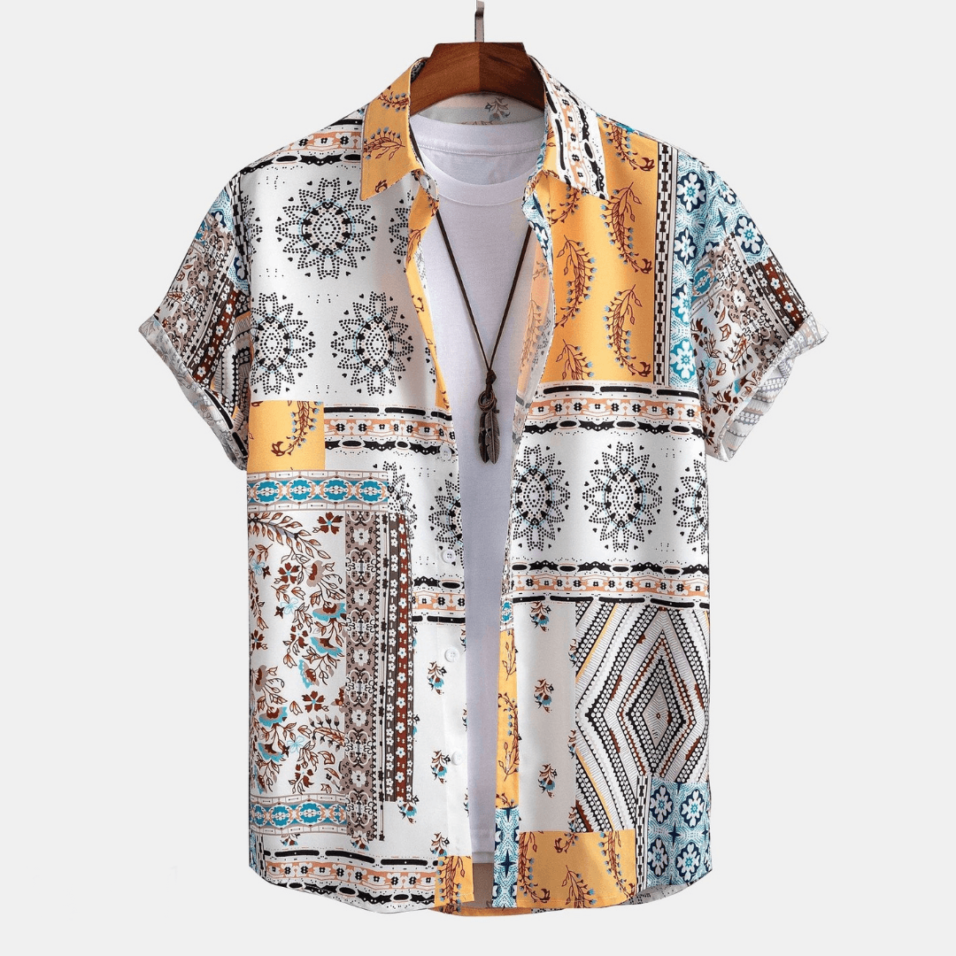 Men's Printed Short Sleeve Shirt and Shorts Set, Patchwork Print Two-Piece Outfit