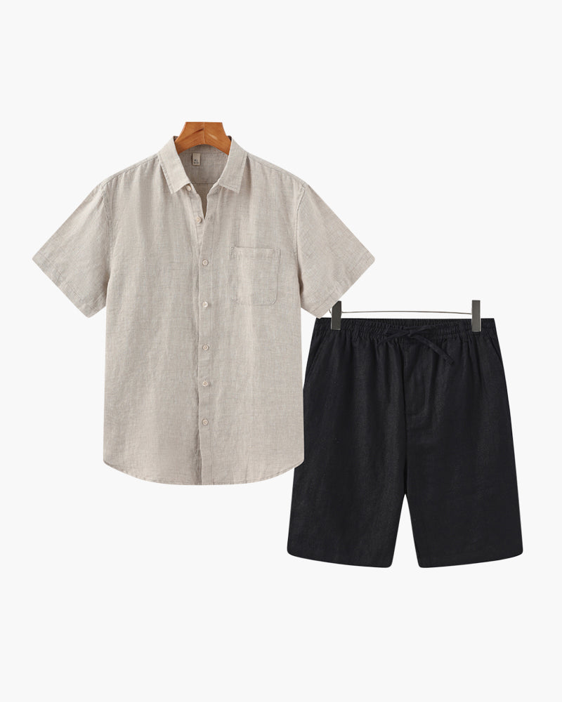 Men's Button-Down Shirt and Shorts Set with Elastic Waist, Summer Two-Piece Outfit