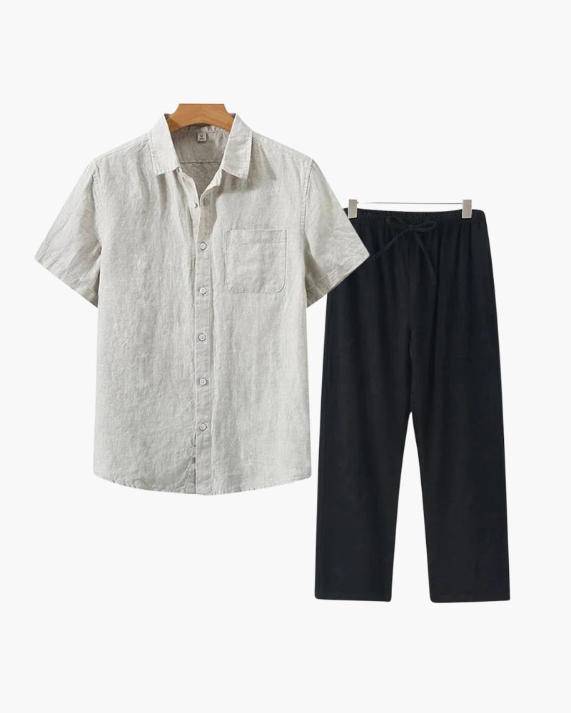 Men's Button-Down Shirt and Pants Set with Elastic Waistband, Summer Two-Piece Outfit