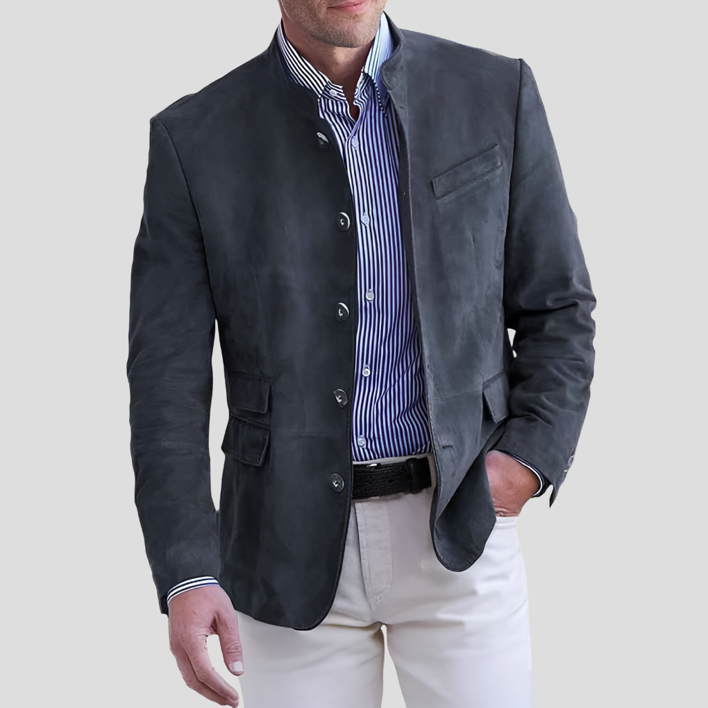 Men's Button-Up Jacket with Stand Collar and Multiple Pockets