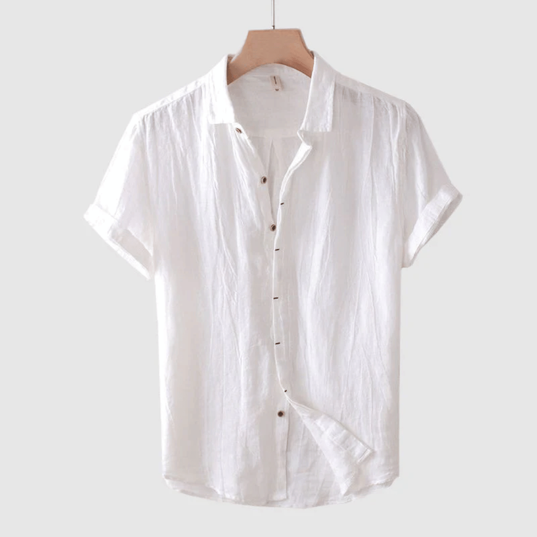 Men's Short Sleeve Linen Shirt with Turned-Up Cuffs