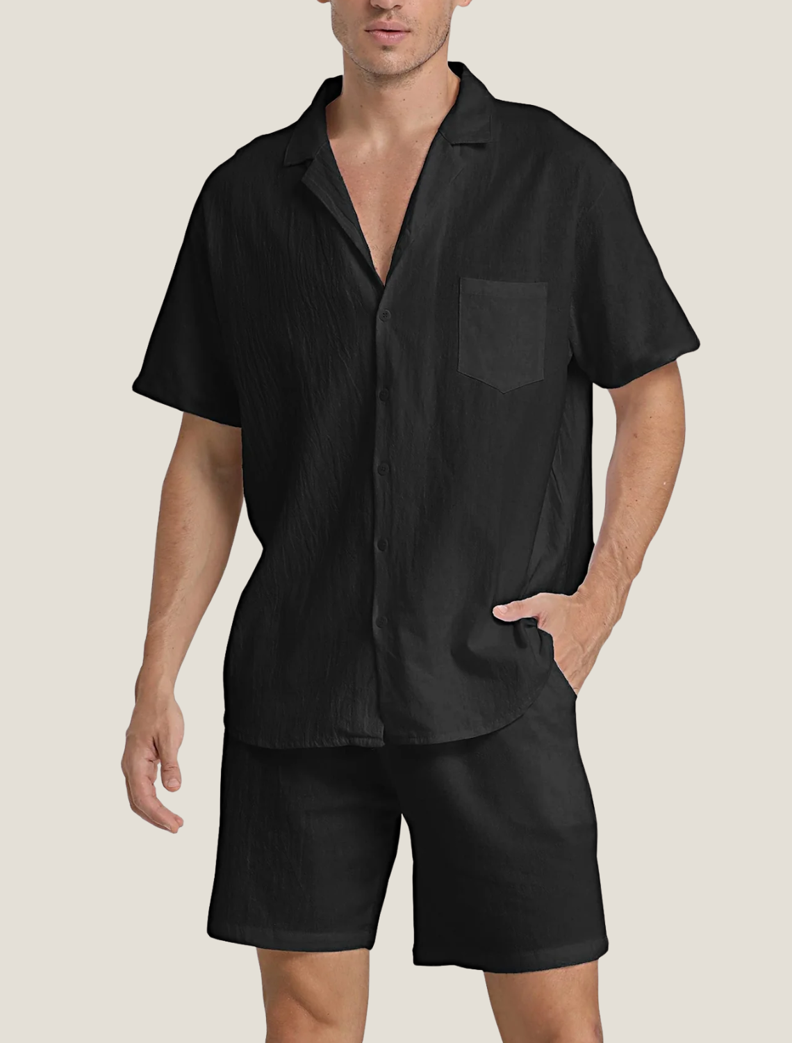 Men's Summer Button-Down Shirt and Shorts Set with Chest Pocket, Two-Piece Outfit