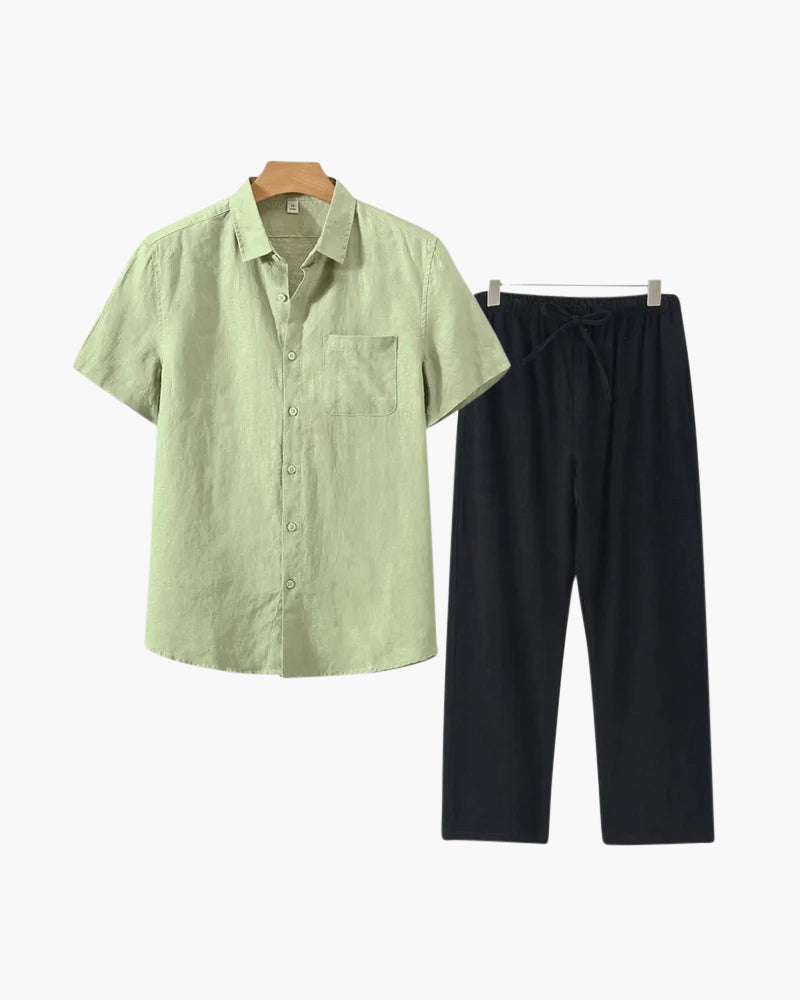 Men's Button-Down Shirt and Pants Set with Elastic Waistband, Summer Two-Piece Outfit