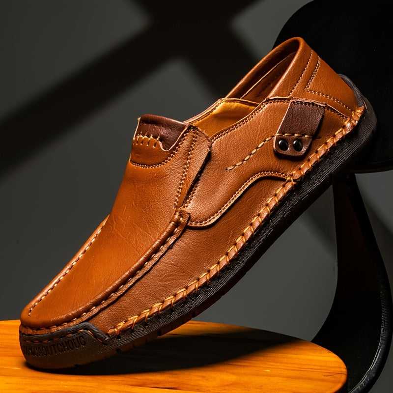 Men's Vegan Leather Loafers - Slip-On with Visible Stitching