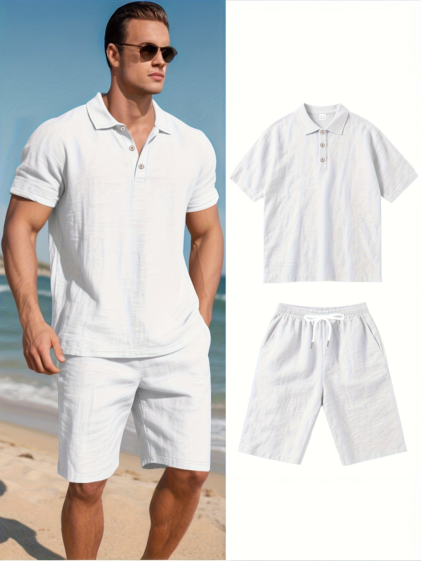 Men's Polo Shirt and Shorts Set with Adjustable Waist, Matching Summer Outfit