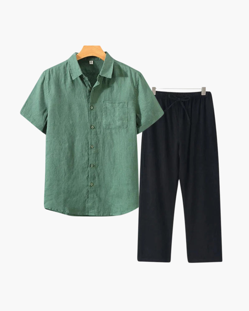 Men's Button-Down Shirt and Pants Set with Elastic Waistband, Summer Two-Piece Outfit