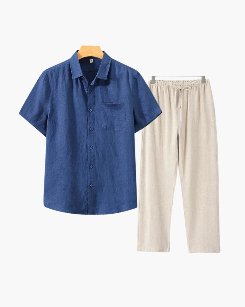 Men's Button-Down Shirt and Pants Set with Elastic Waistband, Summer Two-Piece Outfit