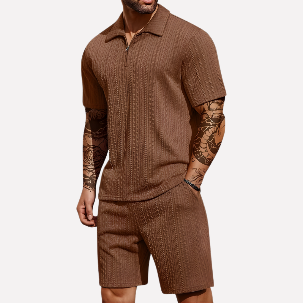 Men's 2-Piece Casual Outfit Set, Quarter-Zip Polo and Matching Shorts