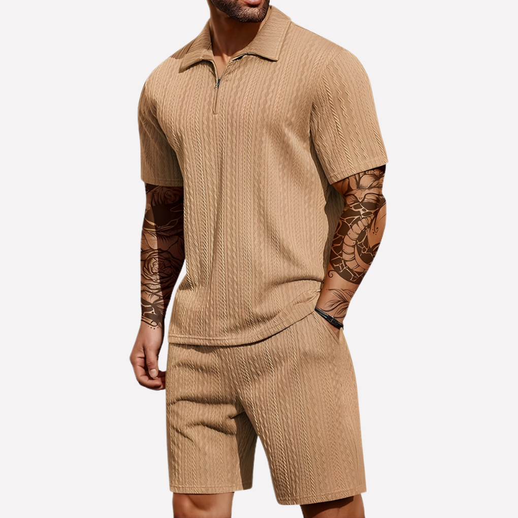 Men's 2-Piece Casual Outfit Set, Quarter-Zip Polo and Matching Shorts