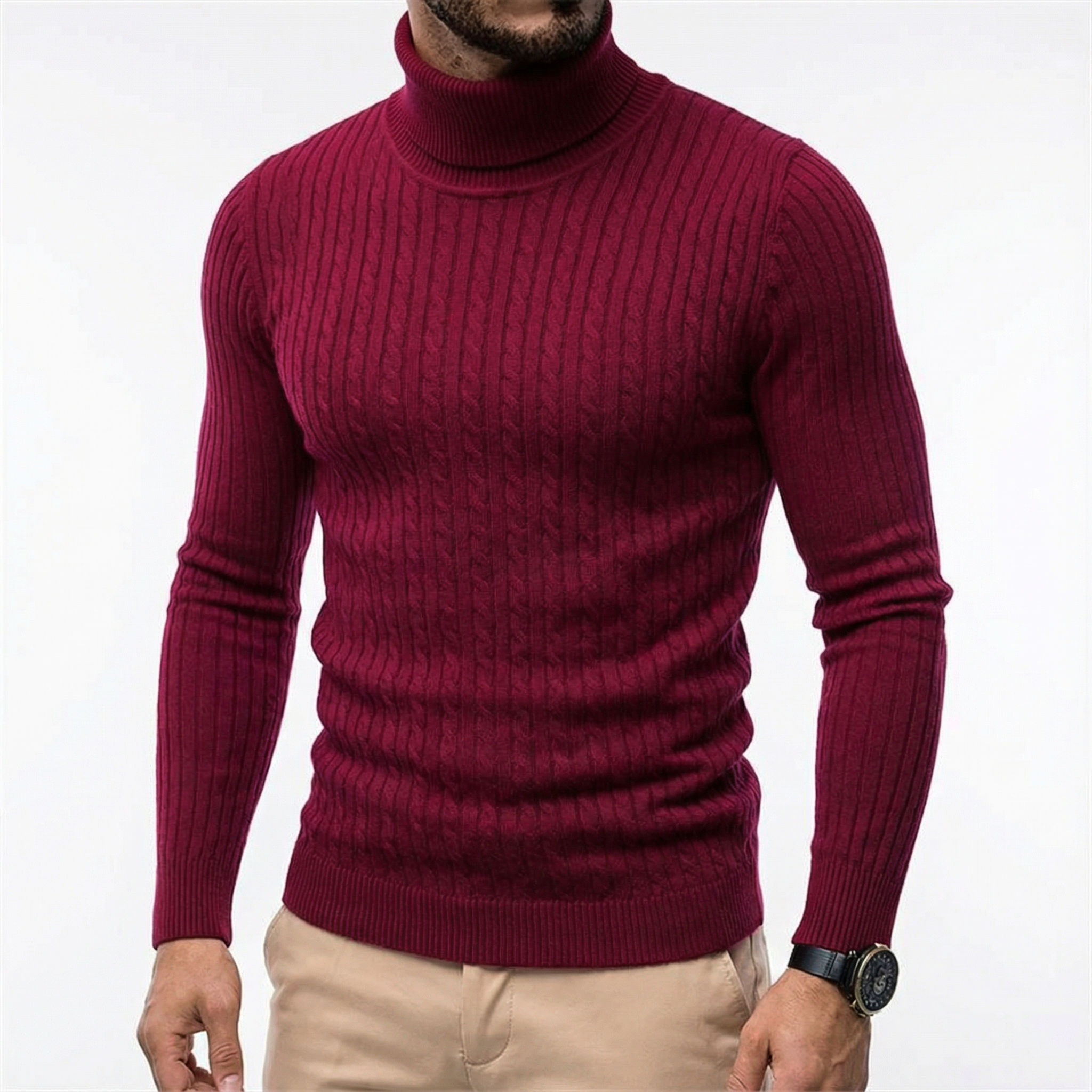 Sorento Turtleneck Sweater for Men - Cable Knit Slim Fit Pullover