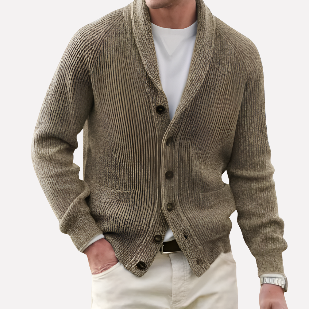 Men's Shawl Collar Cardigan - Button-Front Ribbed Knit Sweater