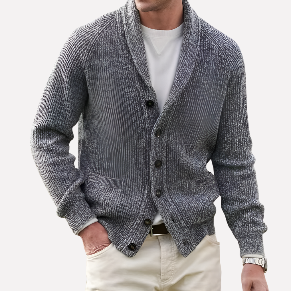 Men's Shawl Collar Cardigan - Button-Front Ribbed Knit Sweater