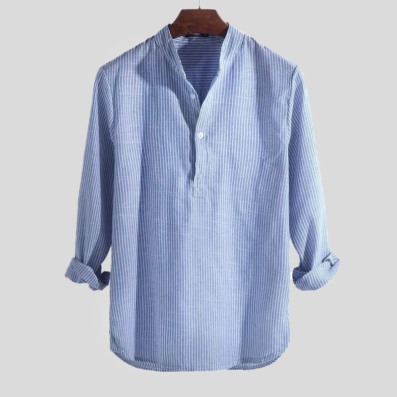 Men's Henley Shirt - Cotton-Linen Long Sleeve Striped Band Collar Shirt