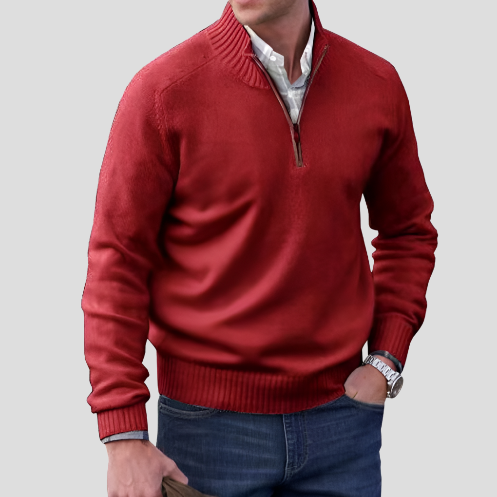 Men's Cotton Knit Pullover, Zipper Collar Sweater for Casual Wear