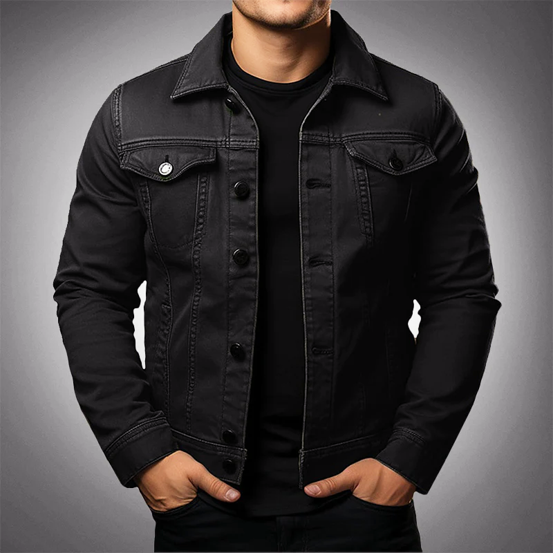 Men's Denim Jacket with Polo Collar and Multiple Pockets