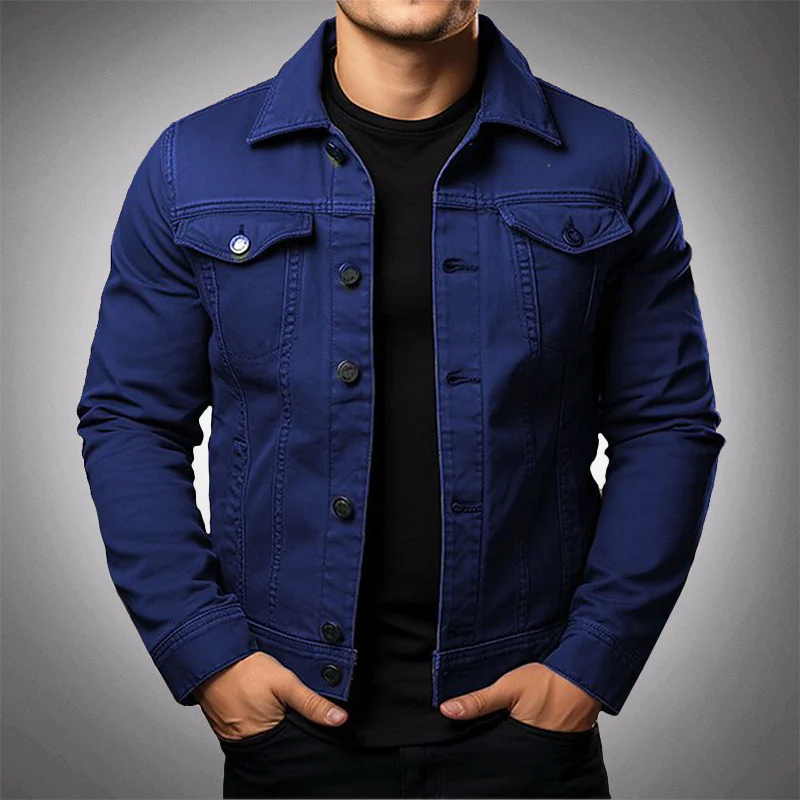 Men's Denim Jacket with Polo Collar and Multiple Pockets