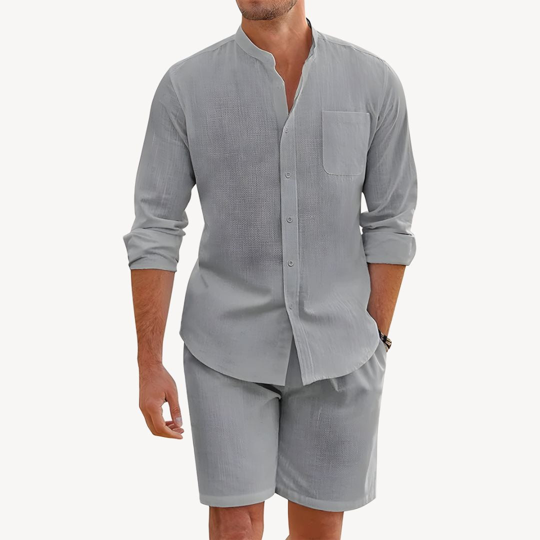 Men's Casual Two-Piece Summer Set with Drawstring Shorts, Band Collar Shirt