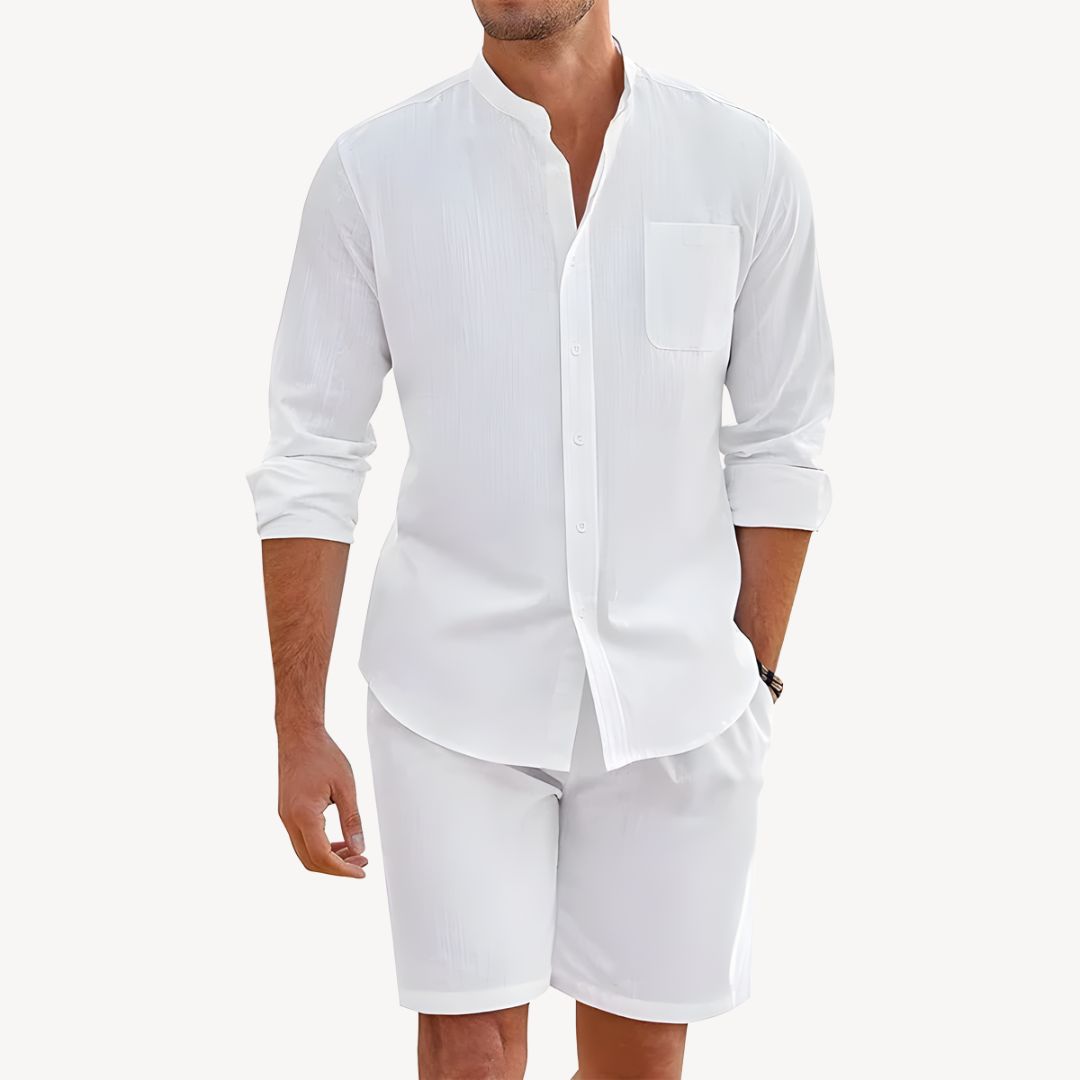 Men's Casual Two-Piece Summer Set with Drawstring Shorts, Band Collar Shirt