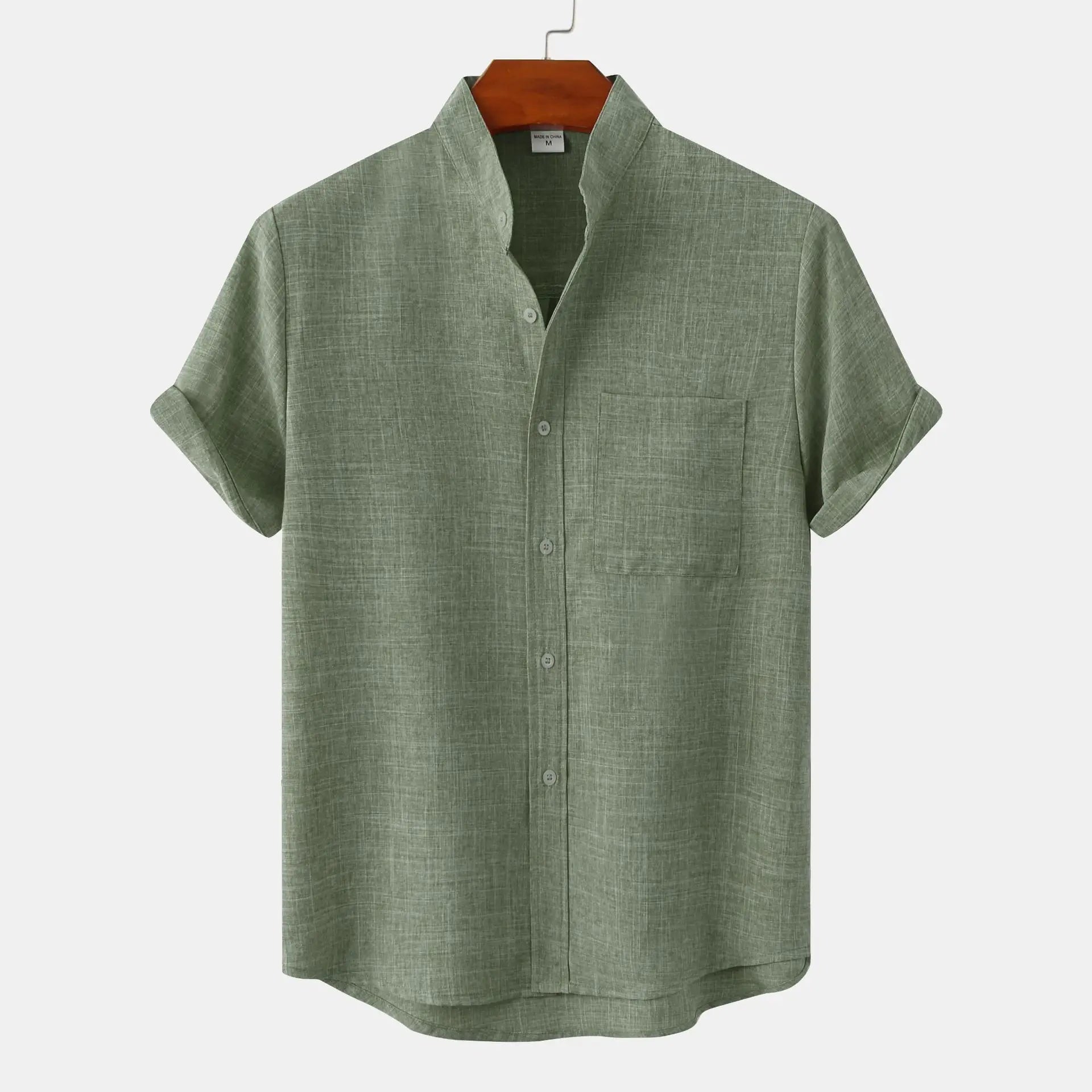Men's Collarless Summer Shirt, Casual Button-Front Shirt