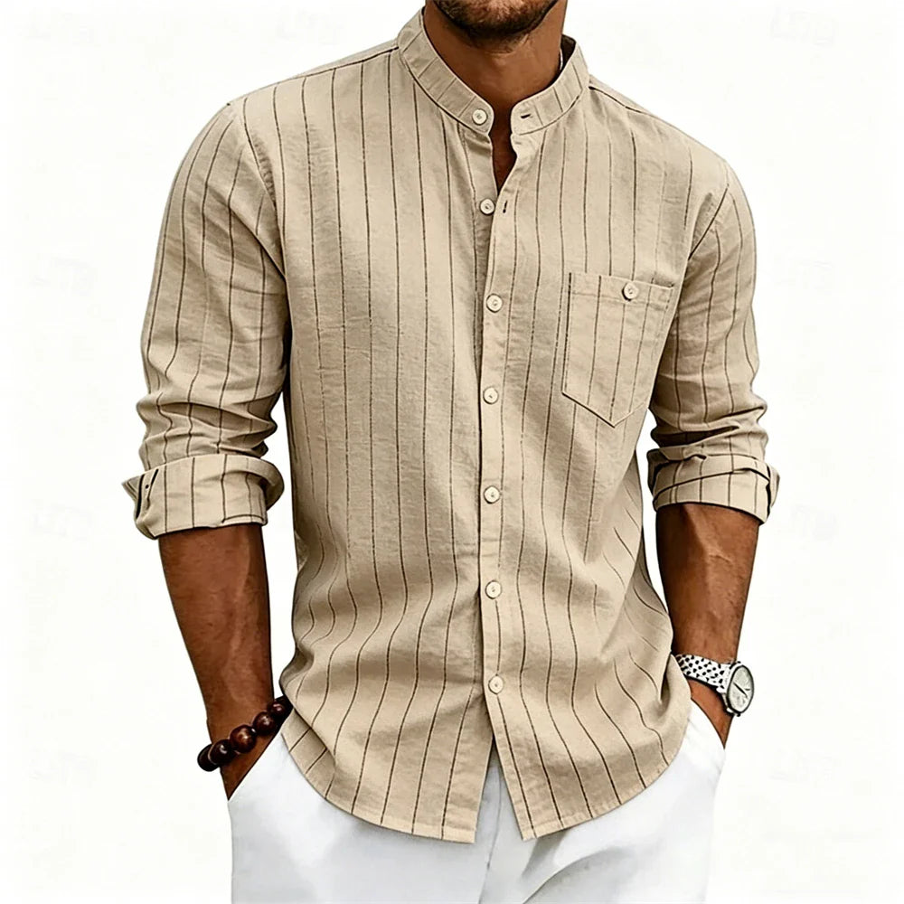 Men's Striped Linen Shirt with Band Collar and Chest Pocket, Breathable Fit